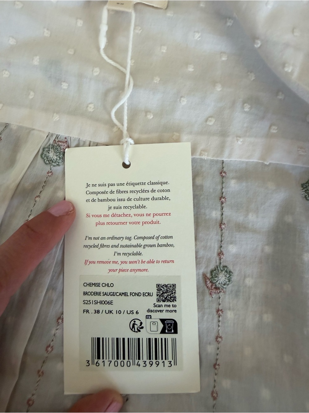 NWT Sézane Chlo Shirt Sage Camel Embroidered Ecru Cotton US 6 / FR 38 - Picture 7 of 10
